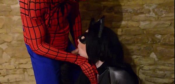  Busty Cosplay Catwoman takes spiderman web
